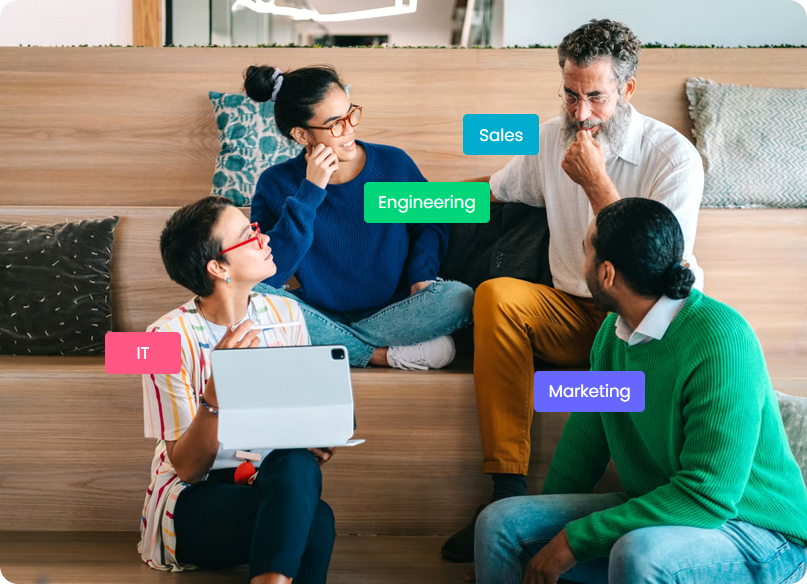 Group of people discussing and a graphic text of job title on each of them